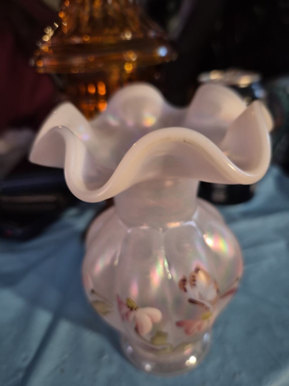 Vintage Fenton Glass Opalescere Pink Melon With Ruffled Rim And Hand Painter